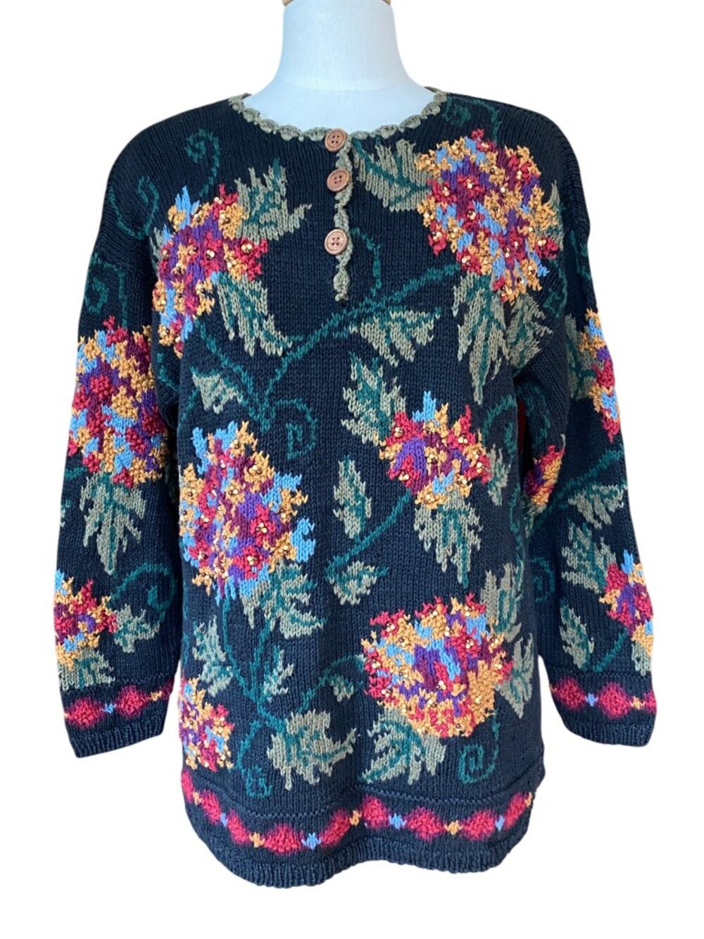 Vintage 90s Hand Knit Floral Sweater Heavy Cotton Beaded Henley Cottage-M